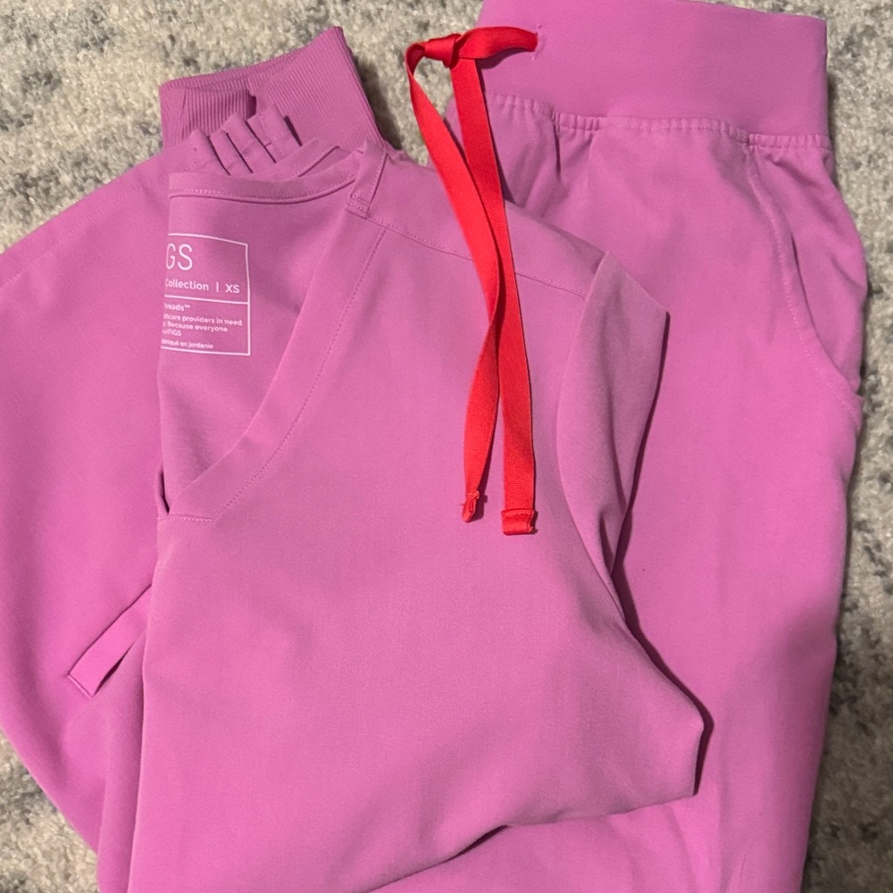Figs Women's Pink Scrub Set with Red Drawstring